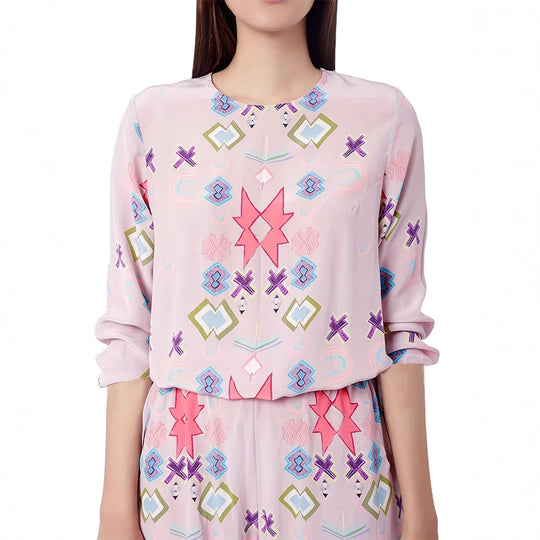 Damen Loungewear Set mit farbenfrohen geometrischen Mustern und elastischem Bund EB