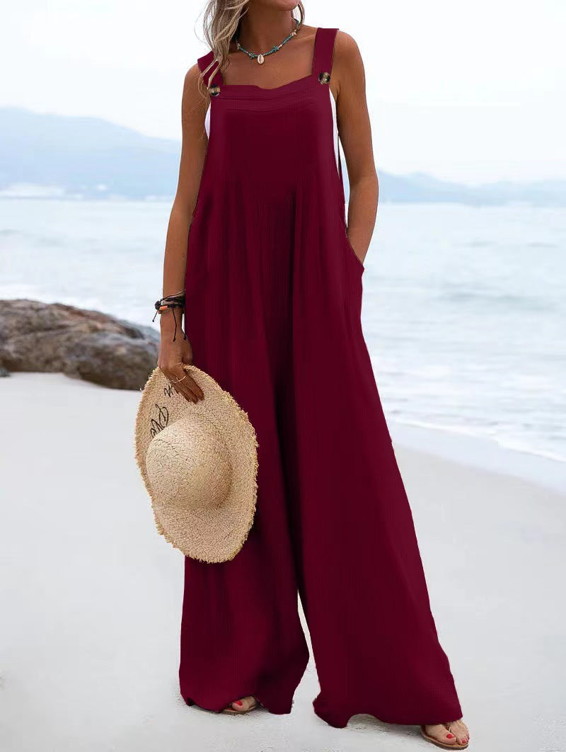 Damen luftiger Jumpsuit mit praktischen Taschen und verstellbaren Trägern EB