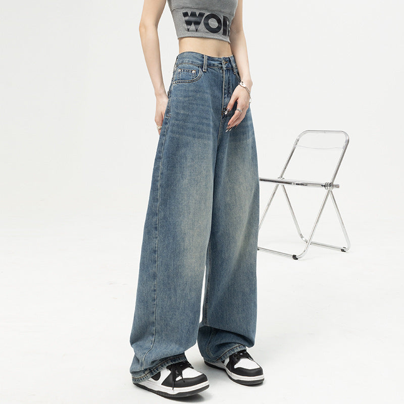 Damen Weite High-Waist Jeans mit lässigem Schnitt und ausgefranstem Saum EB