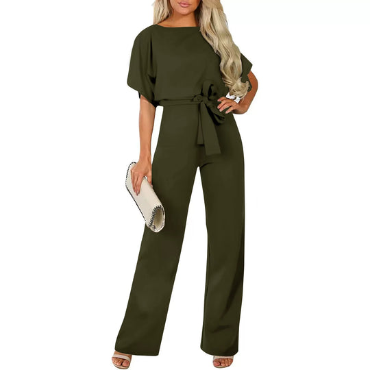 Damen Eleganter Jumpsuit mit weitem Bein und Taillenknoten EB