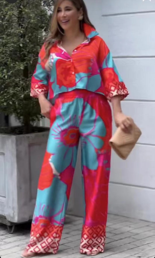 Damen lässiges Set mit cropped Bluse und weitem Hosen EB