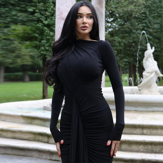Damen Elegantes langärmliges Wickelkleid mit Rüschendetails und seitlichem Schlitz EB