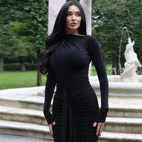 Damen Elegantes langärmliges Wickelkleid mit Rüschendetails und seitlichem Schlitz EB