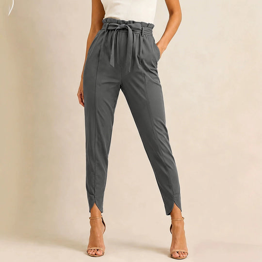 Damen nan hoch taillierte Paperbag-Hose mit Bindegürtel und geschlitztem Knöchelabschluss EB