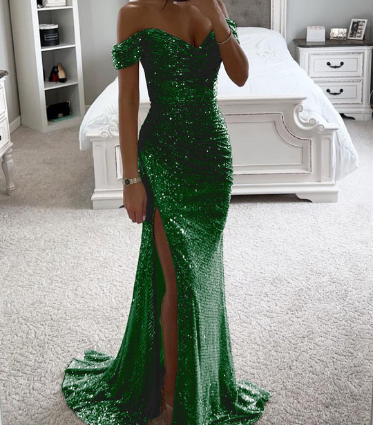 Damen Glamouröses Abendkleid mit schulterfreiem Schnitt und schimmerndem Stoff EB