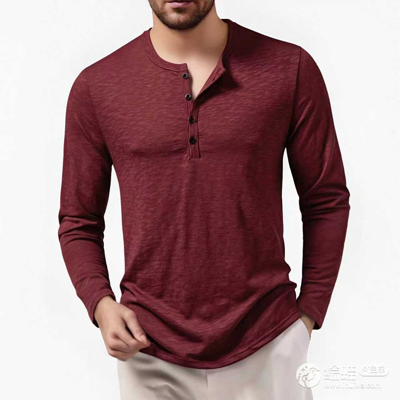 Herren nan Slim-Fit Henley Langarmshirt mit kurzem Knopfverschluss und abgerundetem Saum EB