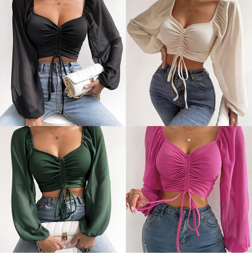Damen Crop-Top mit strukturiertem Körper und eleganten Puffärmeln EB