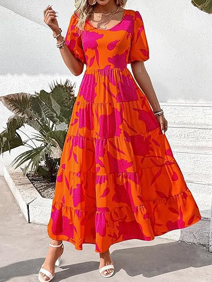 Damen Maxi-Kleid mit floralem Design und voluminösem Rock EB