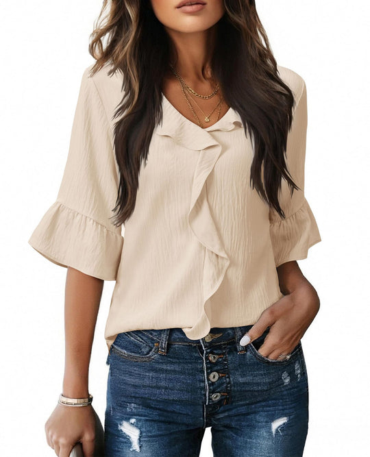 Damen Luftiges Blusenshirt mit Rüschendetails und V-Ausschnitt EB
