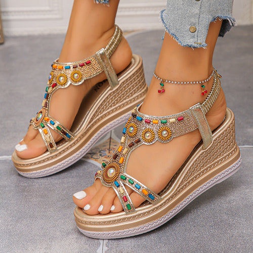 Damen Komfortable Wedge-Sandalen mit Dekorativem Schmuck EB
