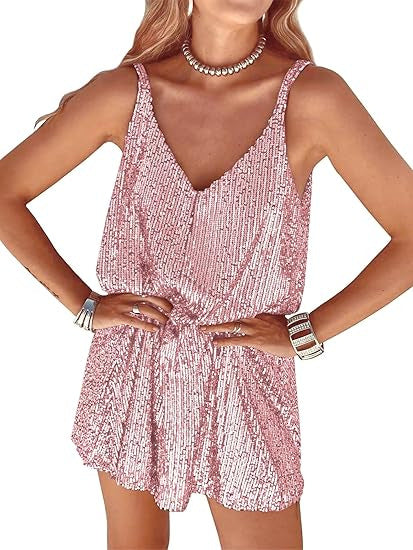 Damen Glitzerndes Jumpsuit mit tiefem V-Ausschnitt und elastischer Taille EB