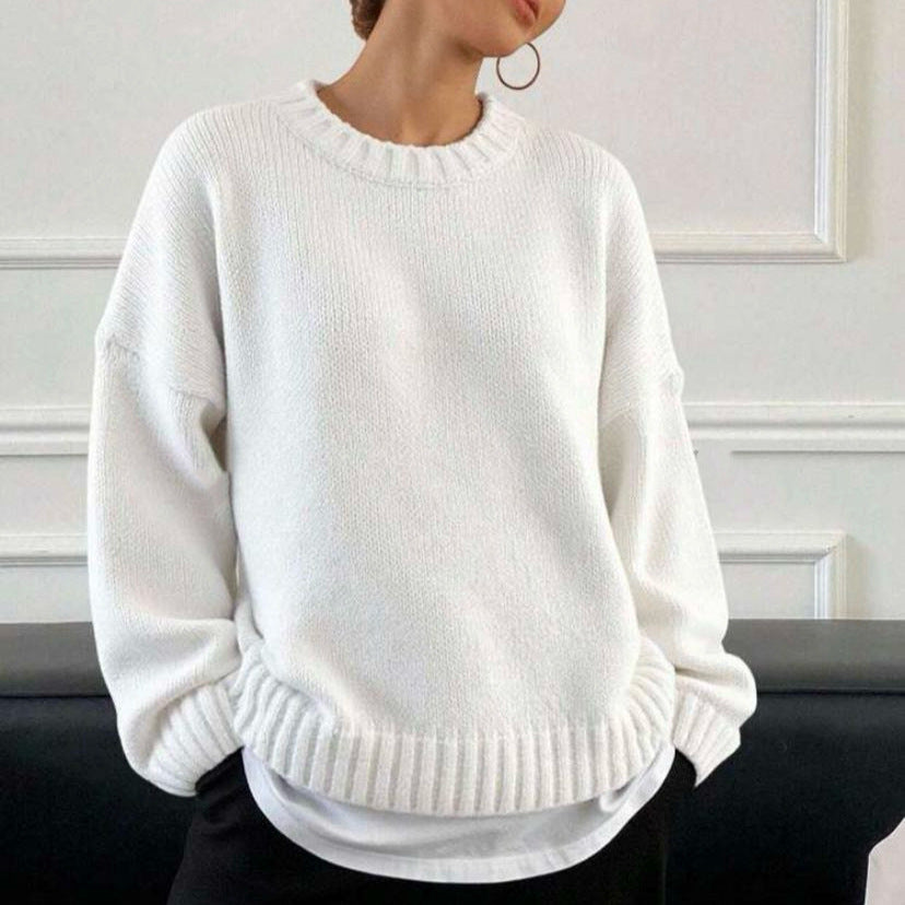 Damen lässiger und oversized Strickpullover mit Rundhalsausschnitt EB