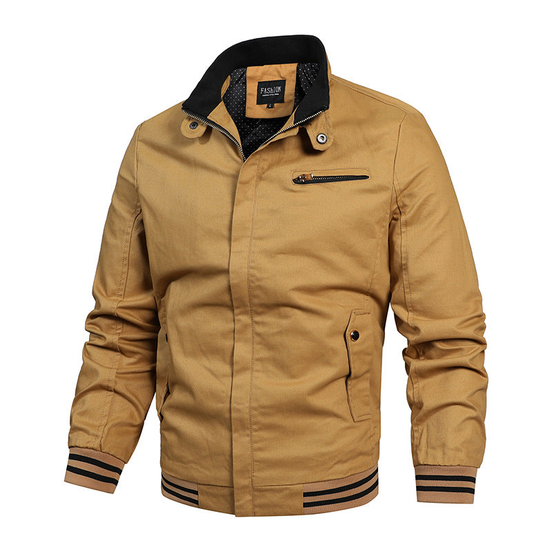 Herren nan moderne Canvas-Bomberjacke im Varsity-Stil mit gestreiften Rippbündchen und verdeckter Frontleiste EB