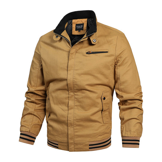 Herren nan moderne Canvas-Bomberjacke im Varsity-Stil mit gestreiften Rippbündchen und verdeckter Frontleiste EB