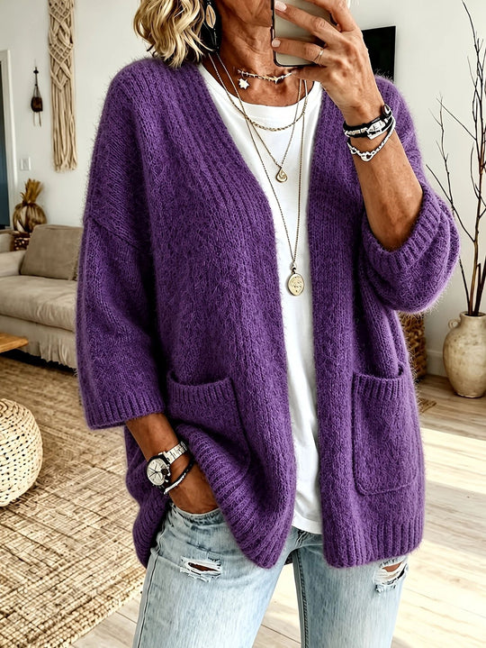 Damen Offener Longcardigan im Mohair-Look mit aufgesetzten Taschen und überschnittener Schulter EB
