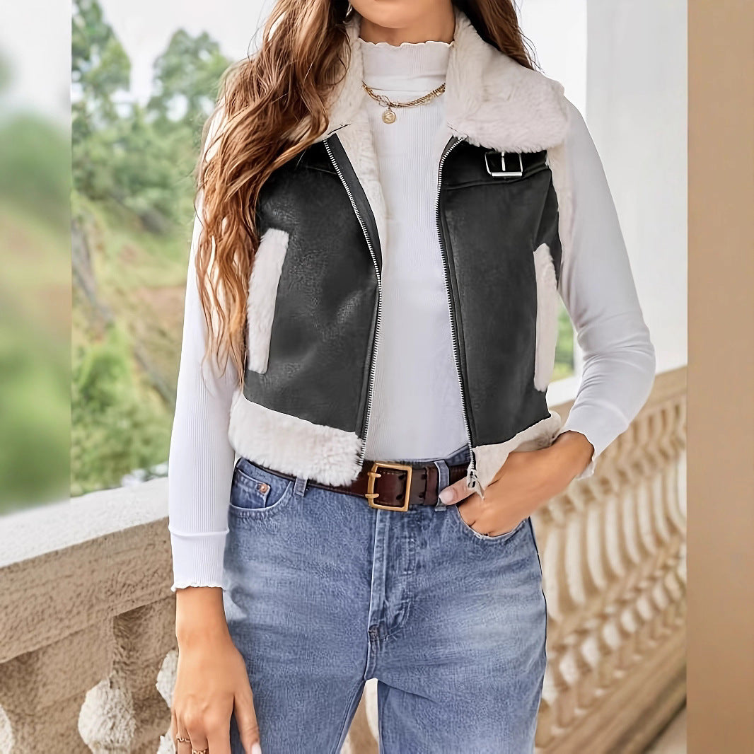 Damen stylish gesteppte Weste mit Fellkragen EB