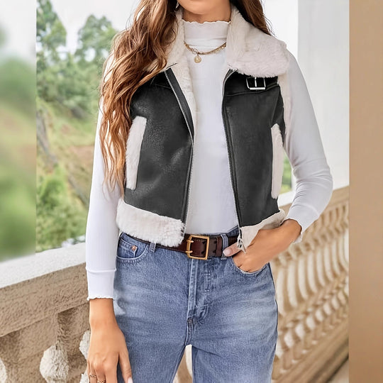 Damen stylish gesteppte Weste mit Fellkragen EB