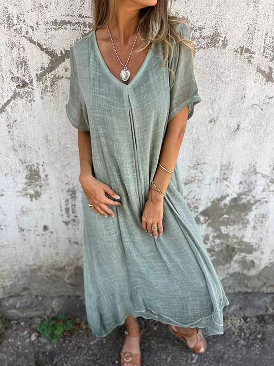 Damen lässiges Langarmkleid mit elegantem V-Ausschnitt und fließendem Design EB