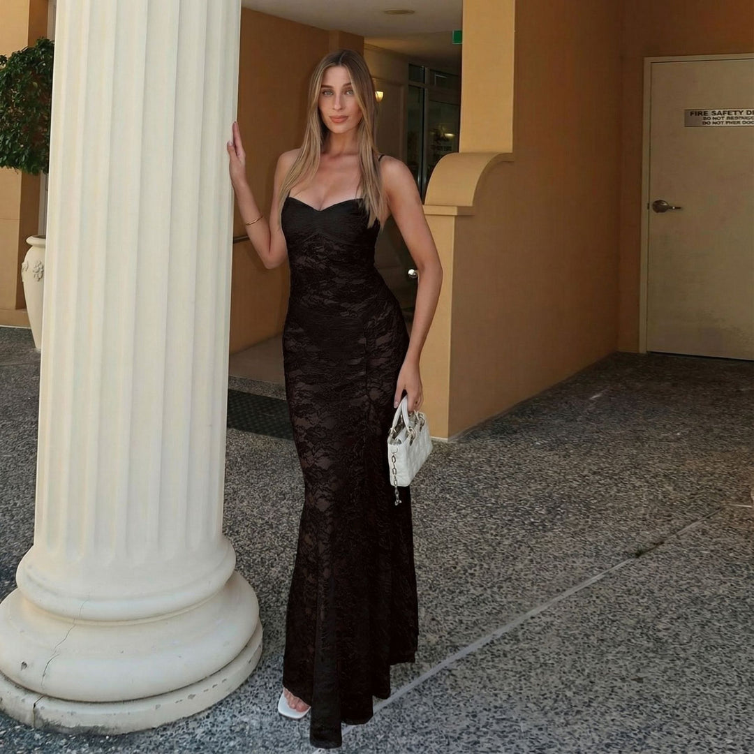 Damen sexy Spitzen Maxi-Kleid mit verstellbaren Trägern und Herzen-Ausschnitt EB