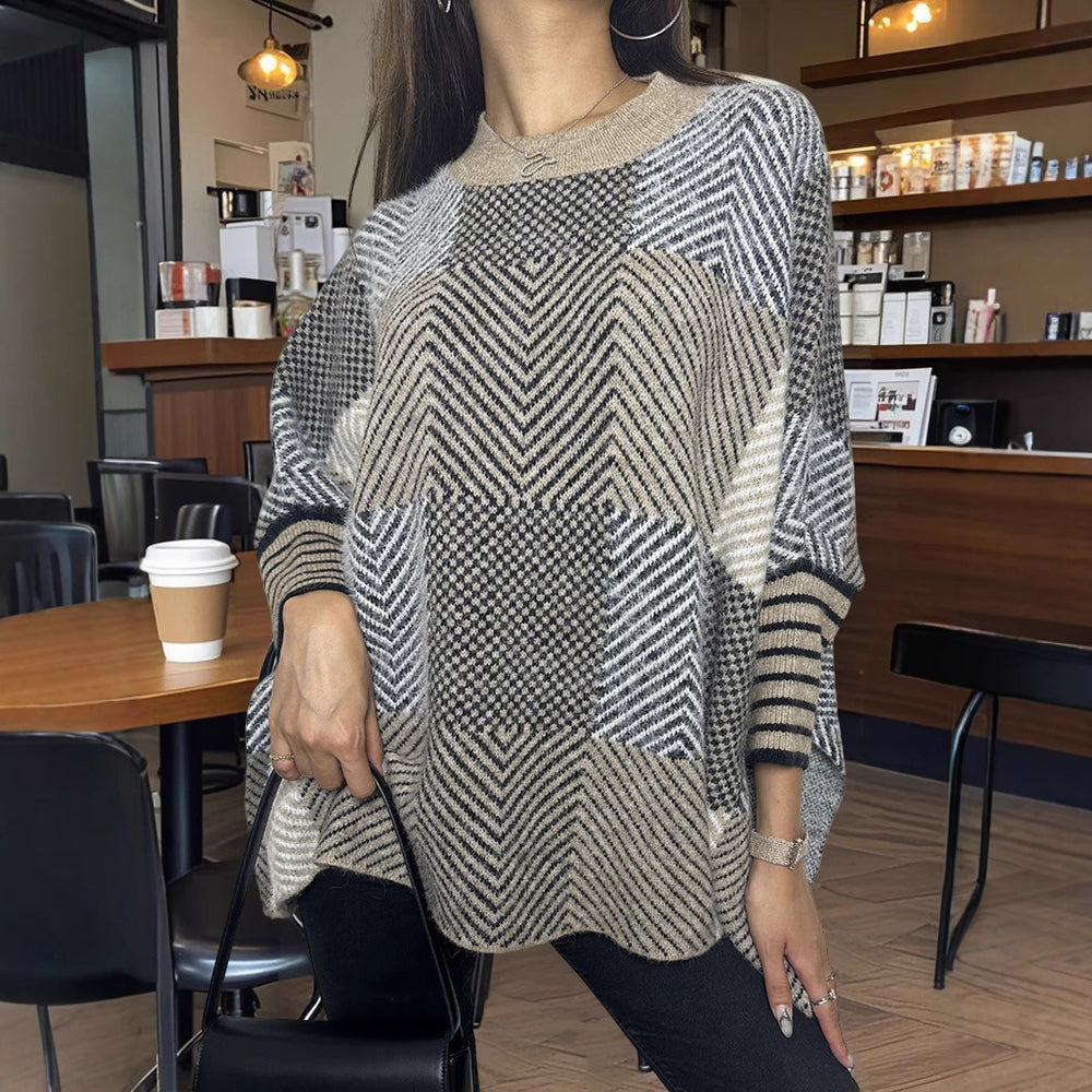 Damen asymmetrischer Strickpullover mit Zickzackmuster EB