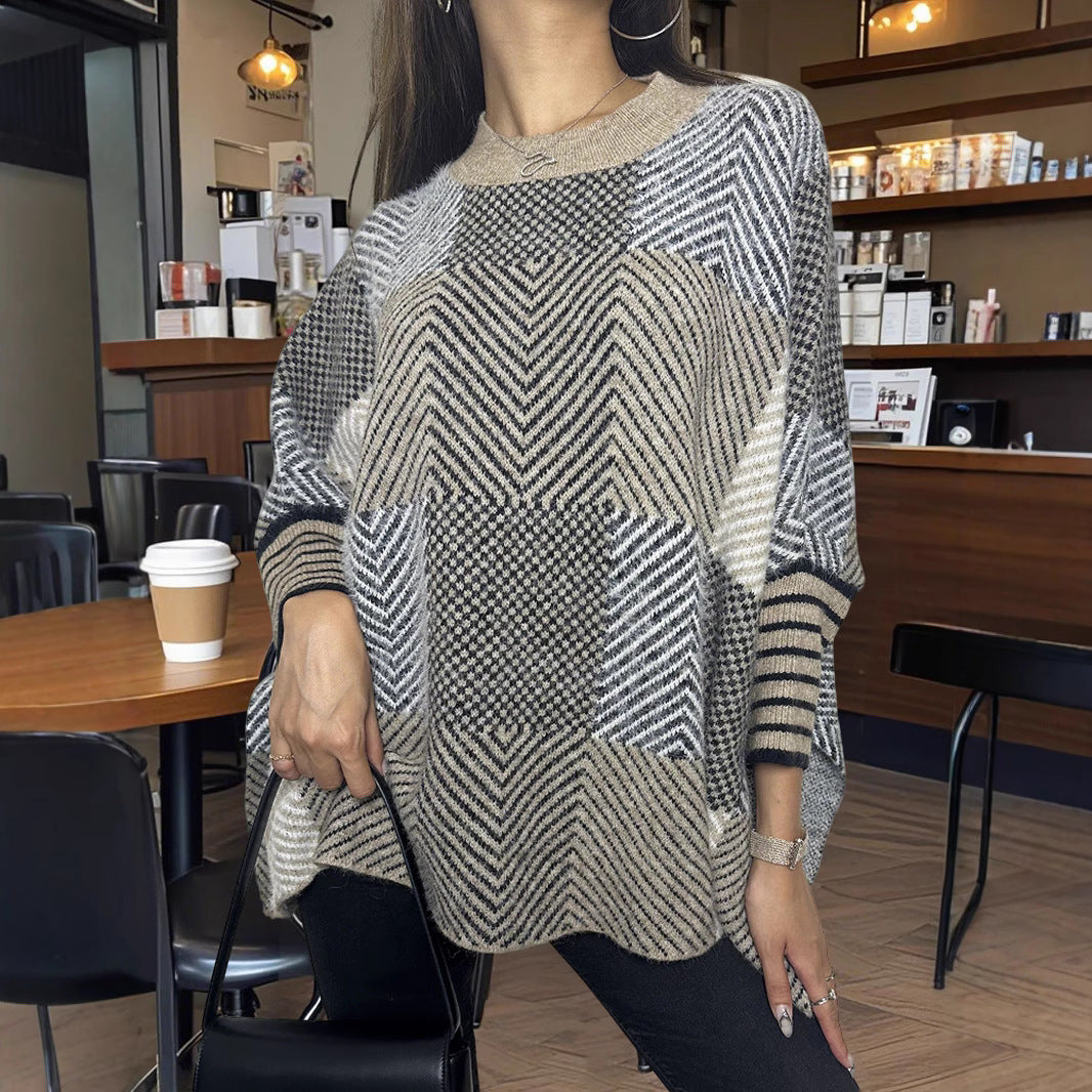 Damen asymmetrischer Strickpullover mit Zickzackmuster EB