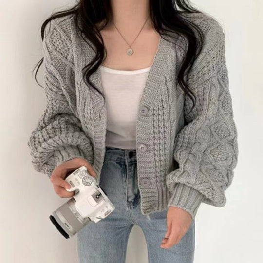 Damen Grobstrickcardigan mit voluminösen Ärmeln und strukturierter Oberfläche EB