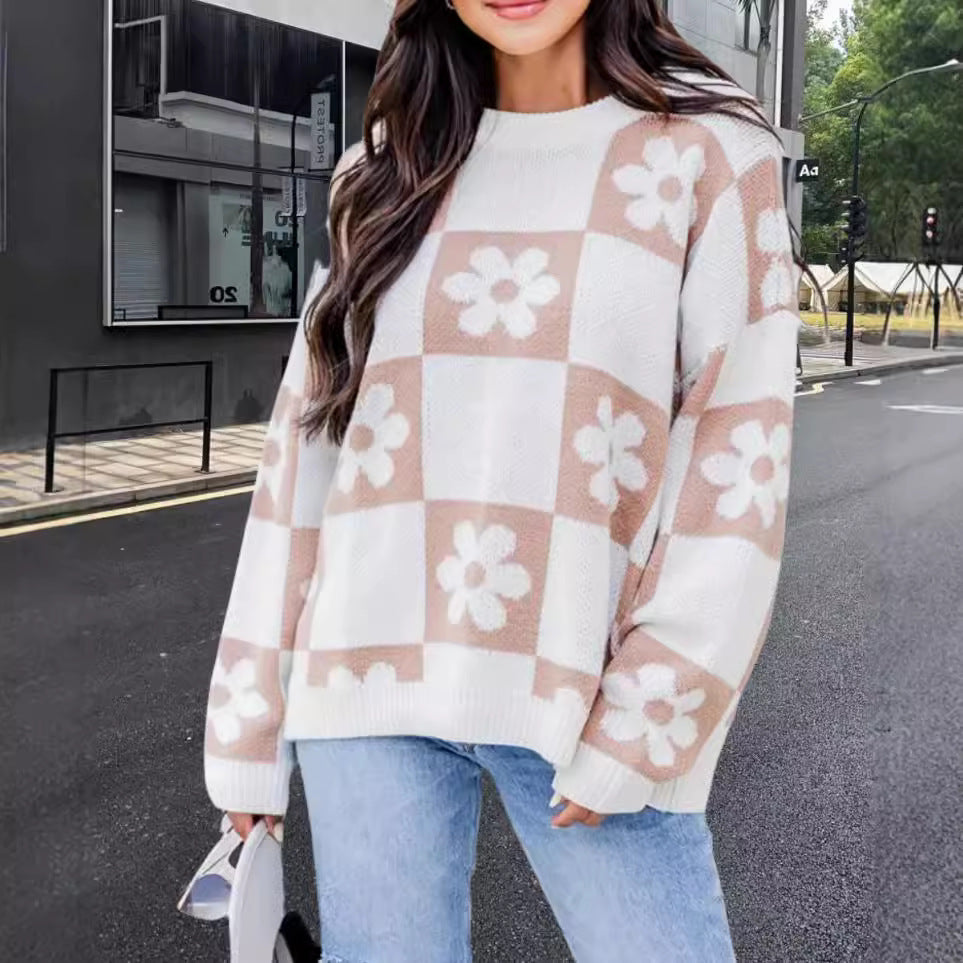 Damen Oversized Strickpullover mit floralem Muster und lässigem Schnitt EB