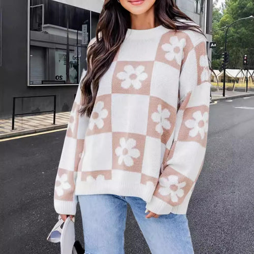 Damen Oversized Strickpullover mit floralem Muster und lässigem Schnitt EB