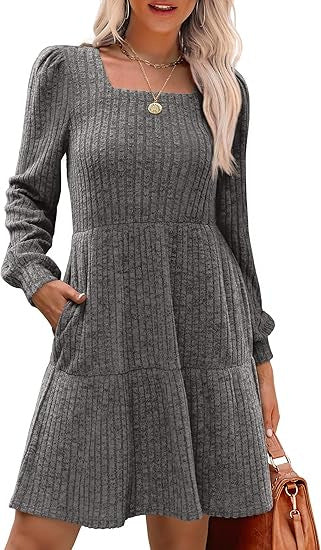 Damen Gestricktes A‑Linien‑Minikleid mit quadratischem Ausschnitt, Stufenrock und Eingrifftaschen EB