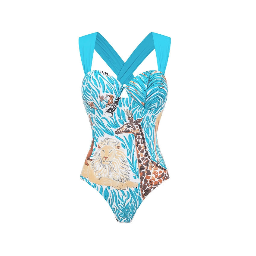 Damen Einteiler Badeanzug mit tierischem Print und eleganter Taillierung EB