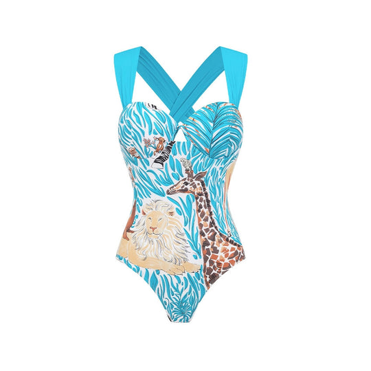 Damen Einteiler Badeanzug mit tierischem Print und eleganter Taillierung EB