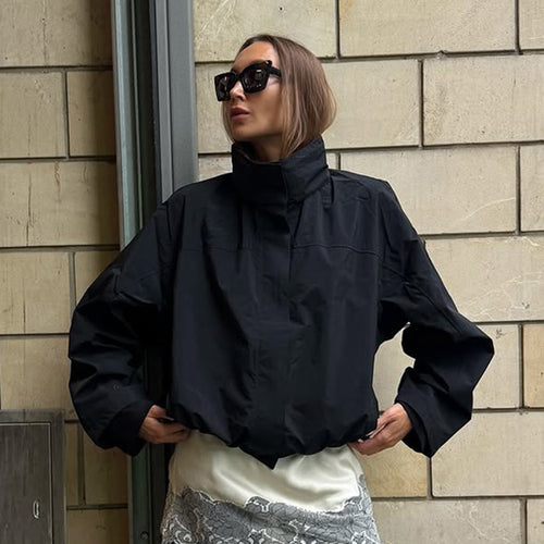 Damen lässige oversized Jacke mit hohem Kragen und verstellbarem Verschluss EB