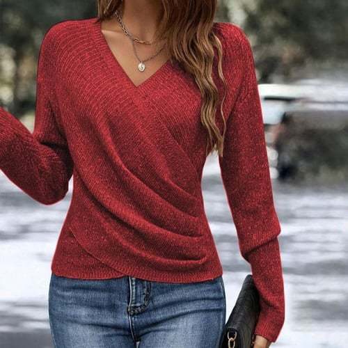 Damen nan figurbetonter Wickel-Strickpullover mit V-Ausschnitt und feiner Rippenstruktur EB