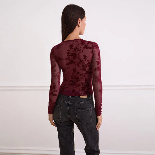 Damen Spitzenoberteil mit tiefem V-Ausschnitt und floralem Design EB