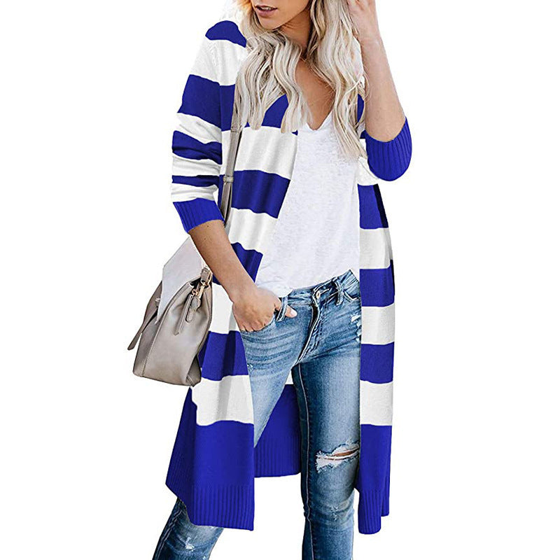 Damen Langer Strickcardigan mit gestreiftem Design EB