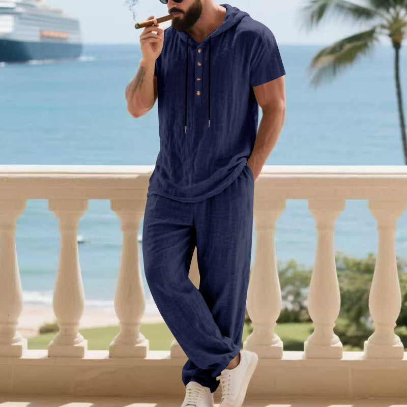 Herren komfortables Freizeit-Set mit modischem Henley-Oberteil und lockeren Hosen EB