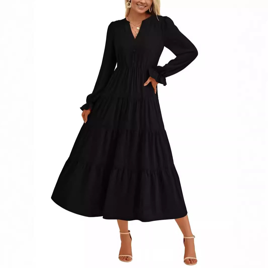 Damen Maxikleid mit romantischen Rüschendetails und elegantem V-Ausschnitt EB