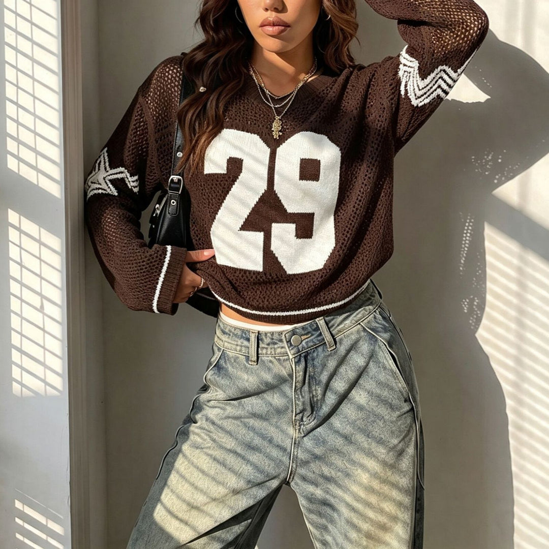 Damen Oversize Netz-Strick Cropped Pullover mit V-Ausschnitt EB