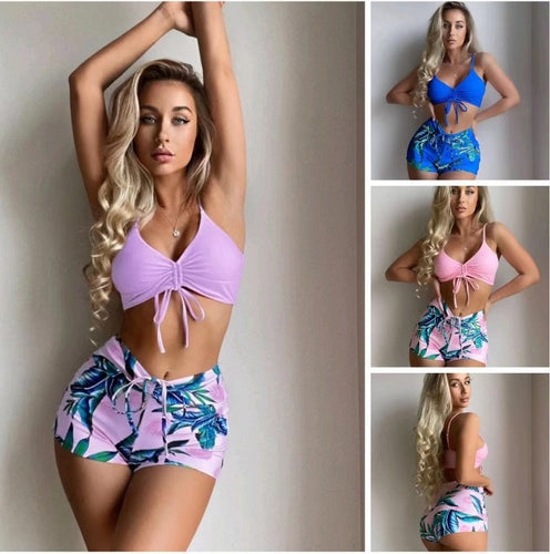 Damen Zweiteiliger Badeanzug mit hohem Bund und gerafftem Crop-Top EB