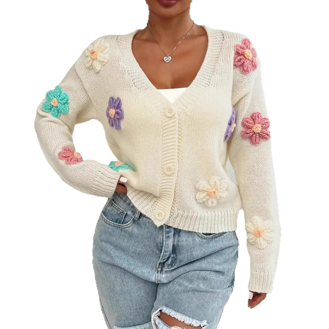 Damen Verspielter Strick-Cardigan mit handgehäkelten Blumenapplikationen EB