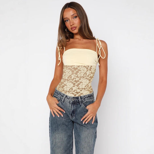 Damen Spitzen-Top mit Spaghettiträgern und verstellbarem Bindedetail EB