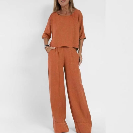 Damen luftiges Leinen-Ensemble mit weitem Schnitt und praktischen Taschen EB