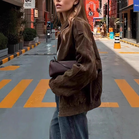 Damen Modische Kunstlederjacke mit lässigem Schnitt und praktischen Taschen EB