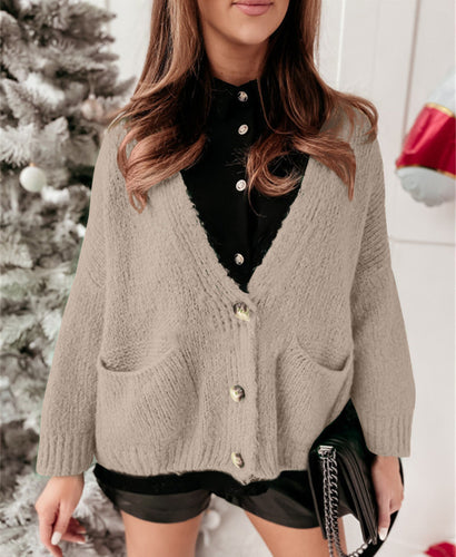 Damen Oversized Strickjacke mit Taschen und Knopfmuster EB