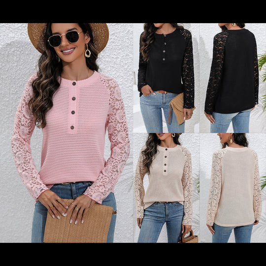 Damen Spitze Langarmshirt mit Knopfdetails und strukturierter Vorderseite EB