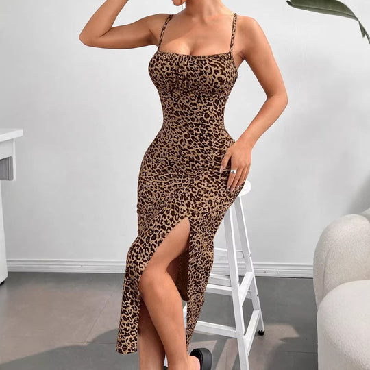 Damen figurbetontes Maxikleid mit elegantem Schlitz und schmalen Spaghetti-Trägern EB