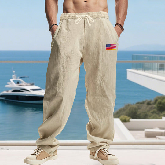 Herren Maritime Relaxed‑Fit Leinenoptik-Freizeithose mit Tunnelzug & Flaggen-Patch EB