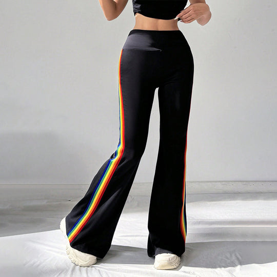 Damen hochgeschnittene Flared-Sporthose mit taillenformendem Komfortbund und seitlichen Kontraststreifen Eichborn Berlin