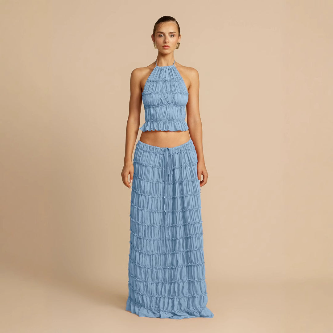 Damen Elegantes und verspieltes Zweiteiliges Sommerkleid mit gerafftem Oberteil und fließendem Rock EB
