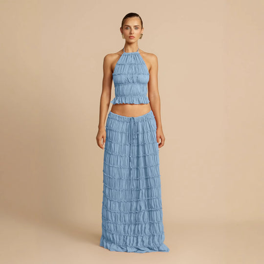 Damen Elegantes und verspieltes Zweiteiliges Sommerkleid mit gerafftem Oberteil und fließendem Rock EB
